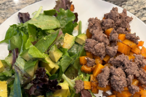 Healthy Recipe - Ground Beef and Sweet Potatoes and Salad and Avocado. simple, fast, nutritious