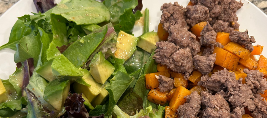 Healthy Recipe - Ground Beef and Sweet Potatoes and Salad and Avocado. simple, fast, nutritious