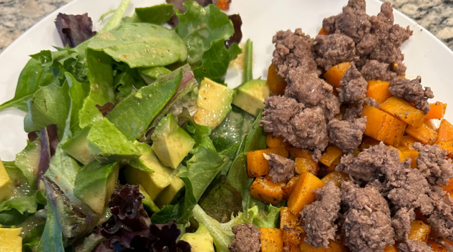 Healthy Recipe - Ground Beef and Sweet Potatoes and Salad and Avocado. simple, fast, nutritious